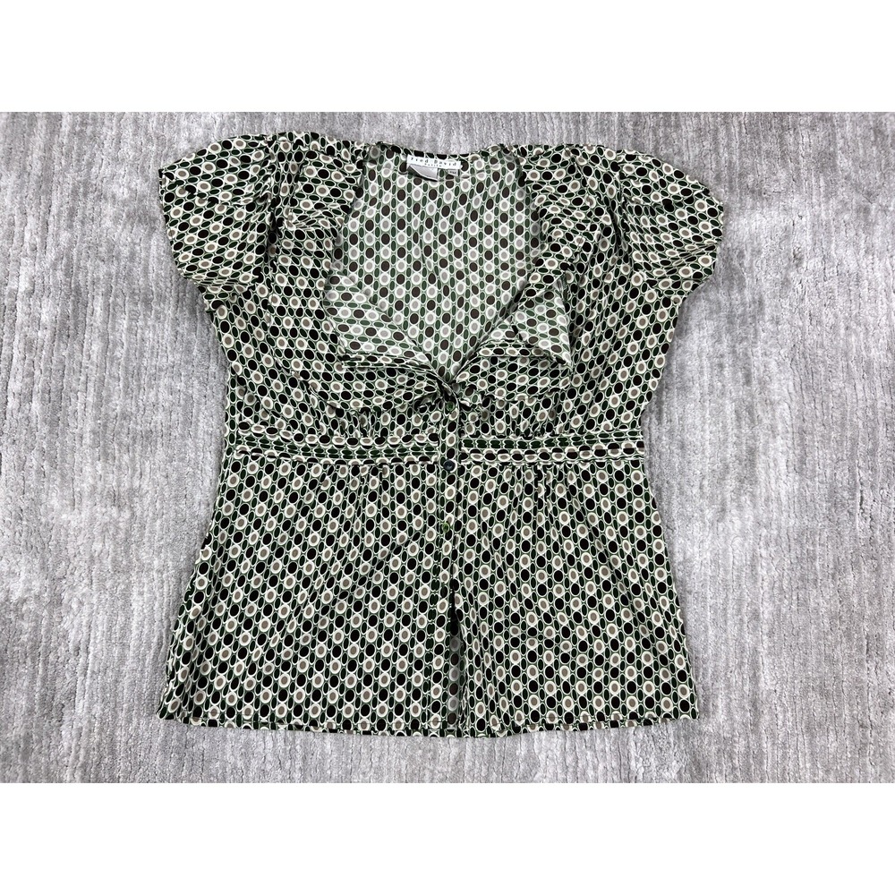 Fred David Blouse Womens PM Green Geometric Circle Ruffle V-Neck Short Sleeve
